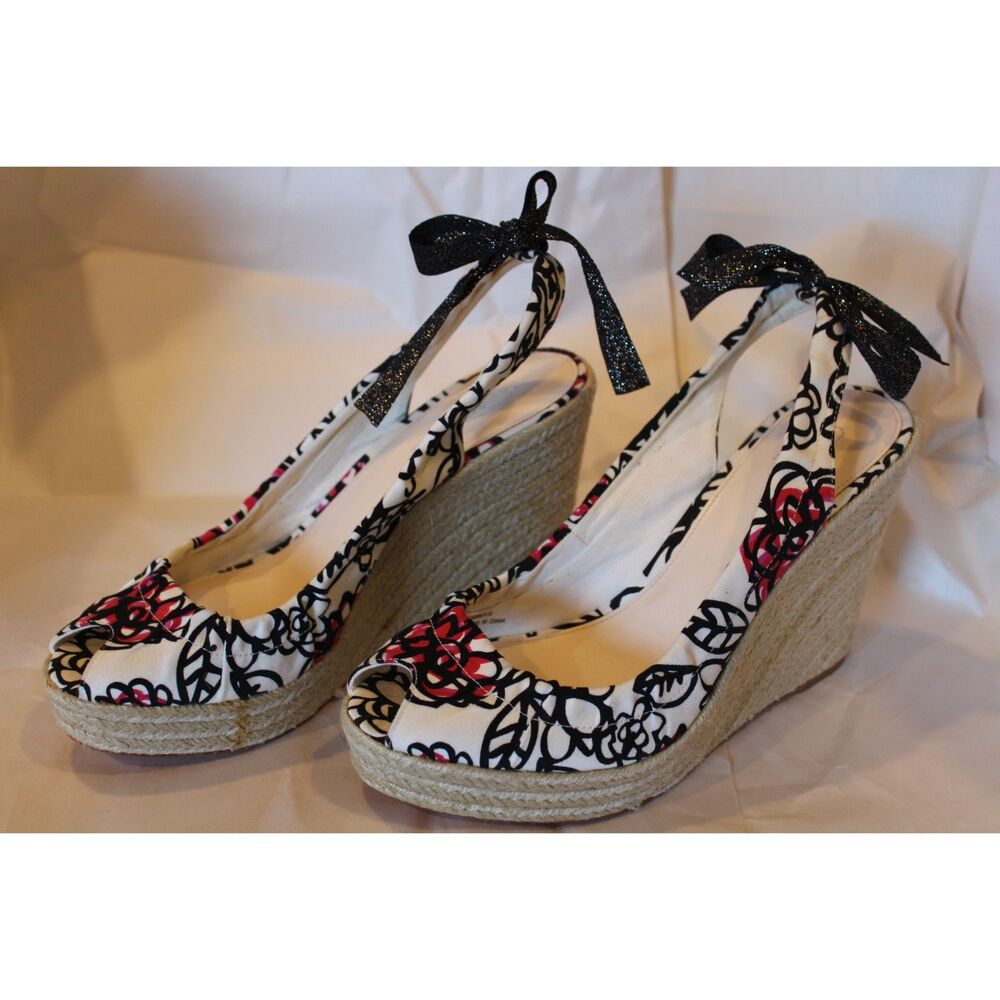 Coach Vintage Floral Espadrille Wedge Black White Red Jute 10 - Picture 4 of 9